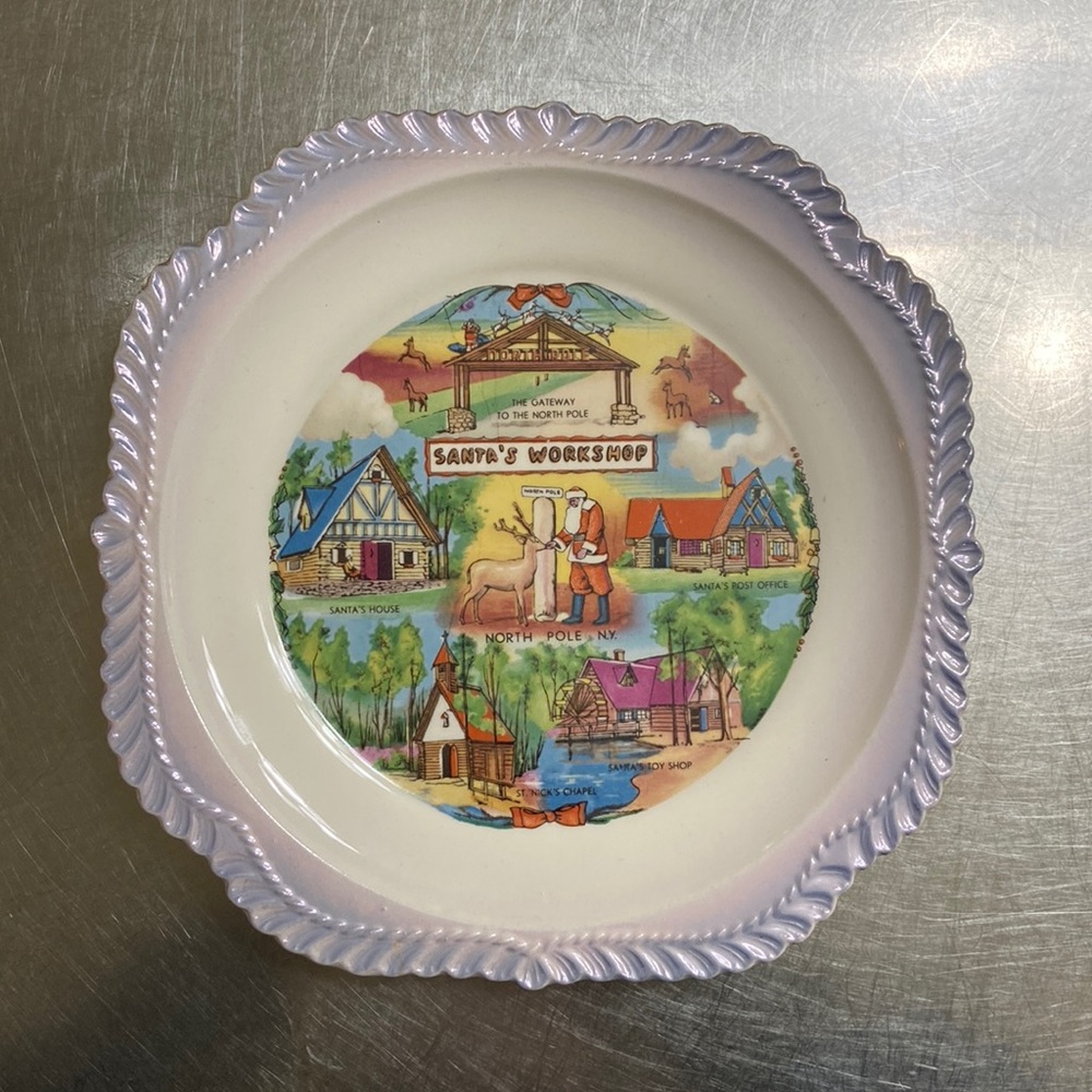 Vintage "SANTA’S WORKSHOP" Decorative Souvenir Plate Blue Rimmed RARE